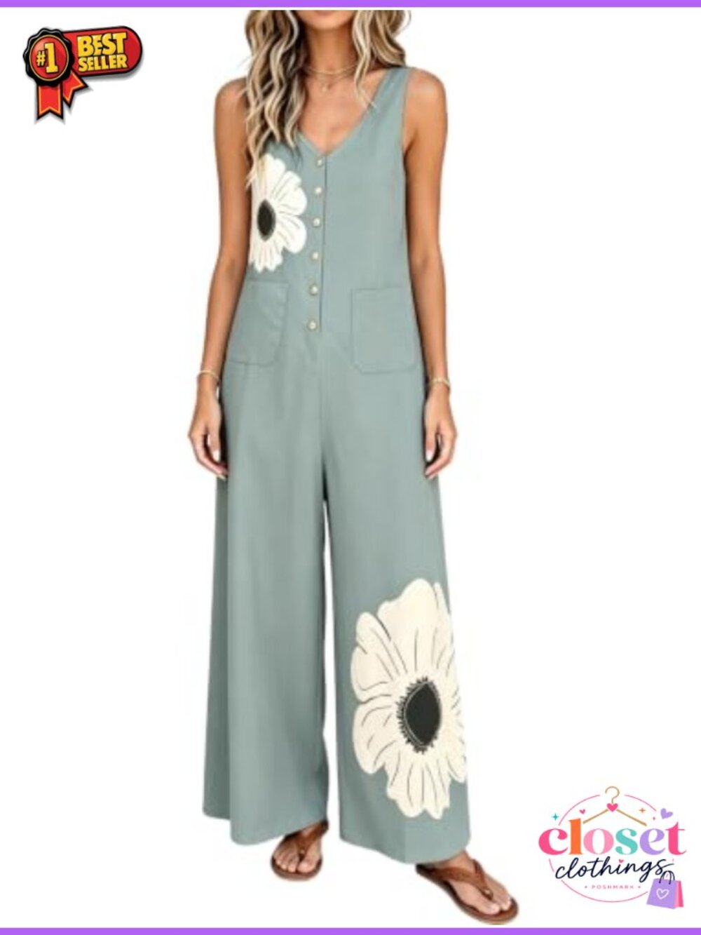 Women's Loose Fit V-Neck Sleeveless Jumpsuit Romper with Pockets